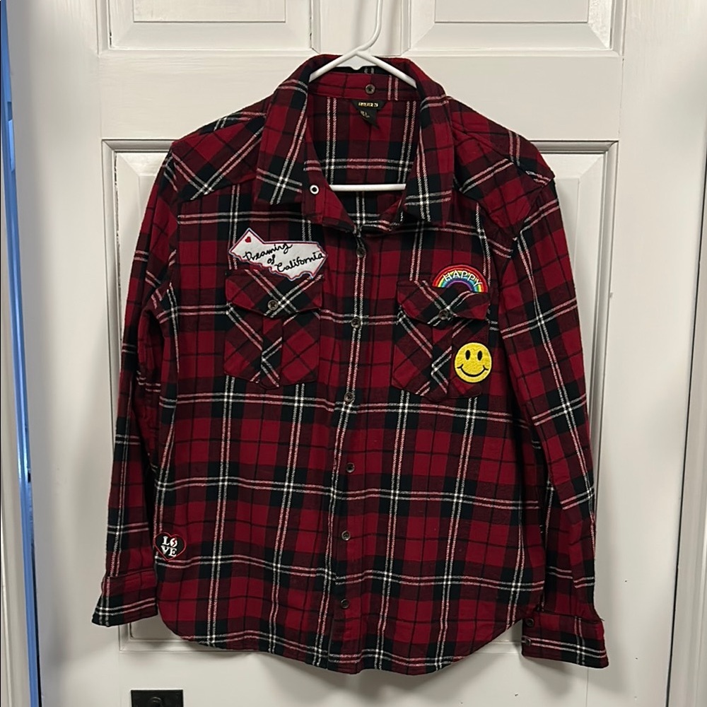 Red Plaid Button-Up Shirt with Patches From Forever 21